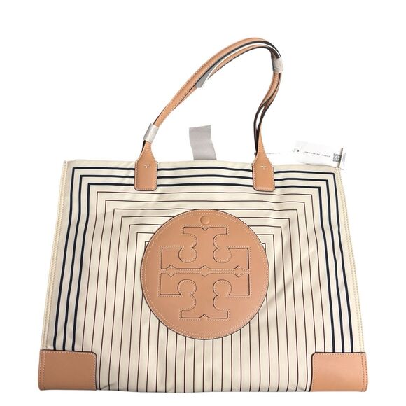 Tory Burch Handbags - Tory Burch Ella Printed Tote Box Stripe Natural Vachetta Canvas Shopper New $268